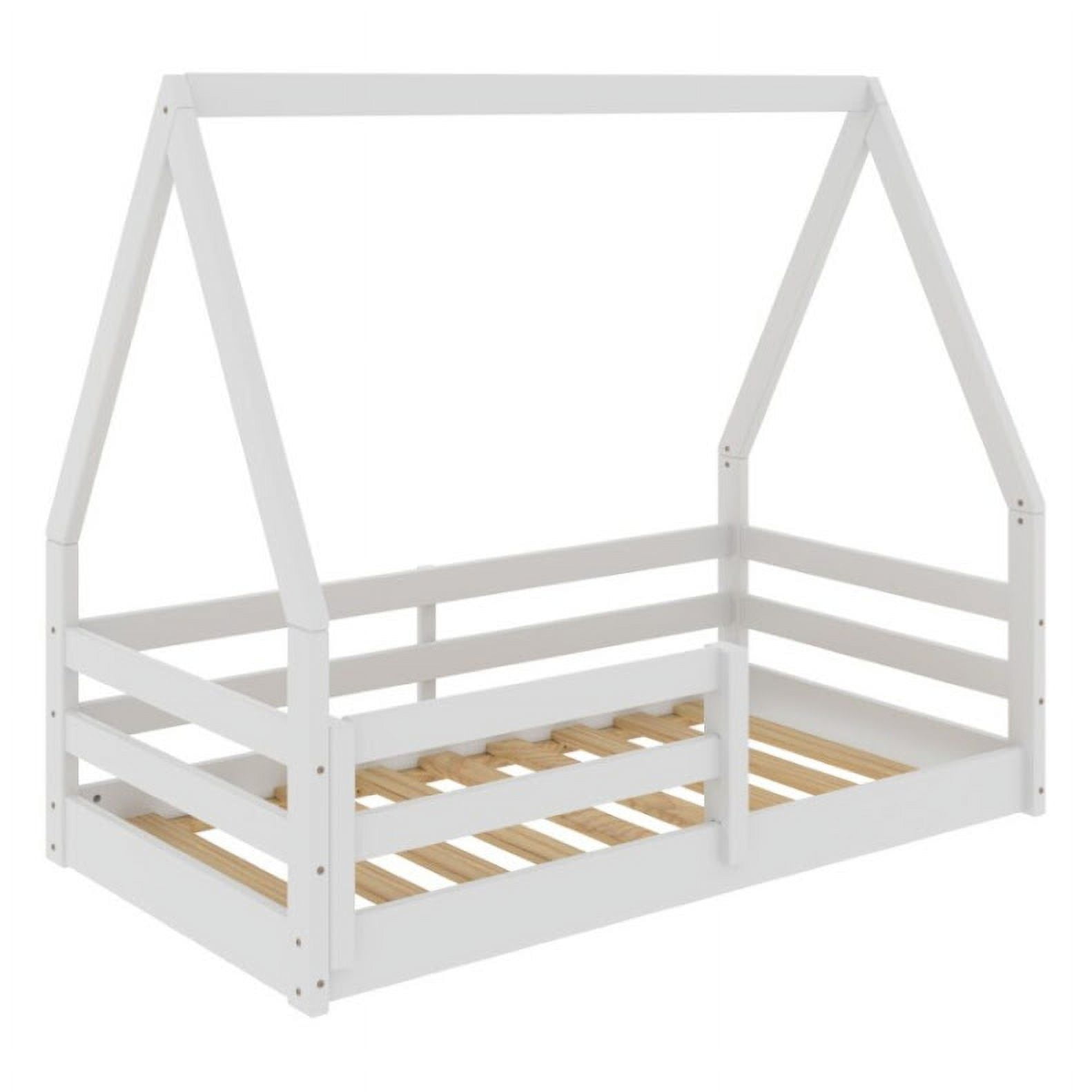 From the Tree Furniture Toddler House Bed with Guardrails, White, Solid Pine Wood