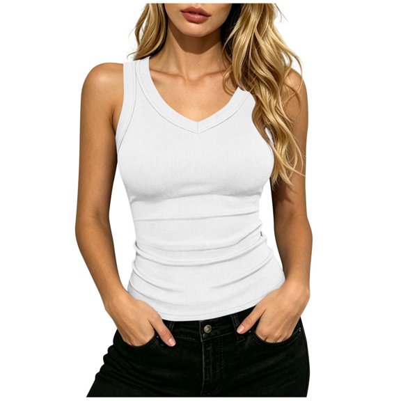 Summer Tank Tops Trendy 2026,Tank Tops for Women V Neck Ribbed Knit Slim Fitted Sleeveless Basic Tee Tanks Casual Summer Clothes 2026