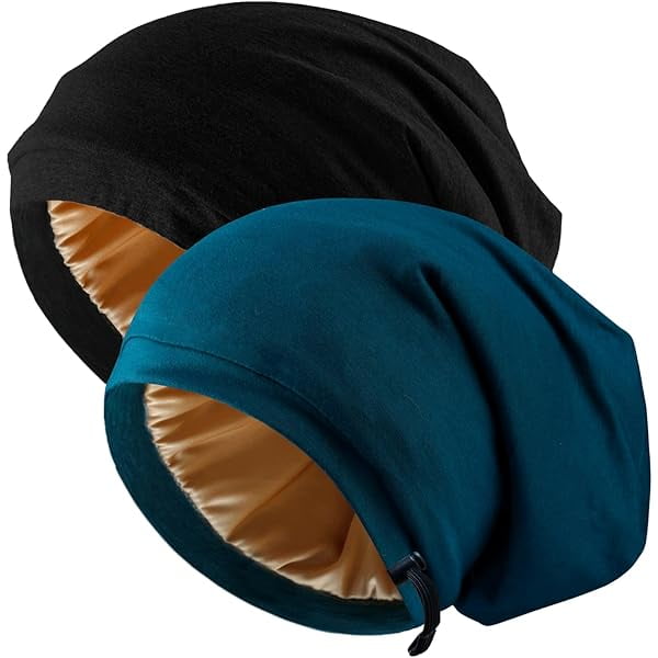 wonima11 2 Pcs Adjustable Silk Satin Night Cap, Women's Men's Sleep Cap, Silk Lined Slouchy with Adjustable Strap, Curly Hair Head Scarf, Night Caps, Black+blue2