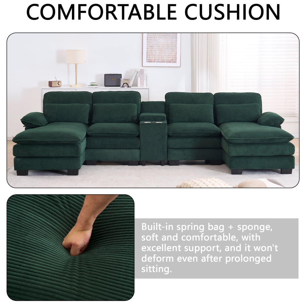 124" U-Shaped Modern Sectional Sofa w/ Console, Cup Holders & Pillows,  Comfortable Seating, Boneless Couch for living room