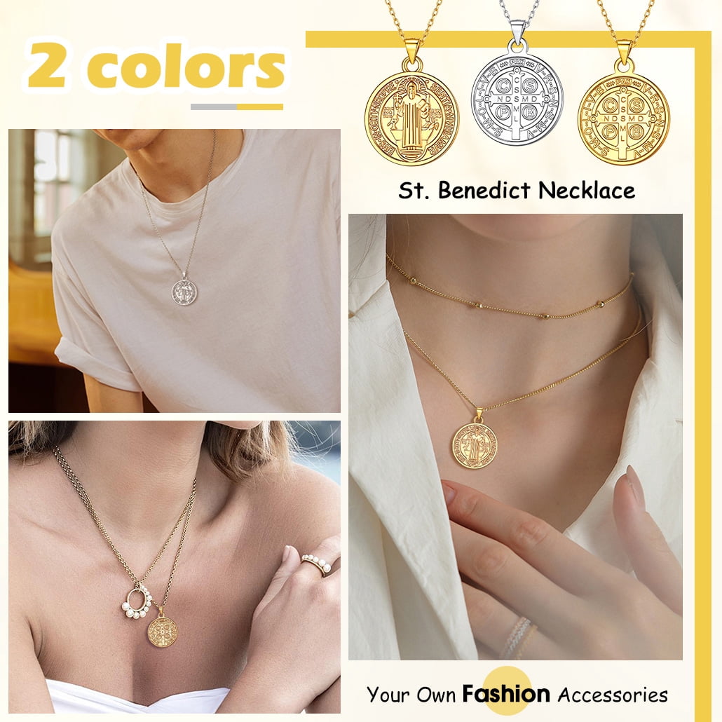 Silvora 18K Gold Plated St Benedict Medal Necklace 925 Sterling Silver Saint Benedict Pendant Chain Catholic Jewelry Gift for Women Men