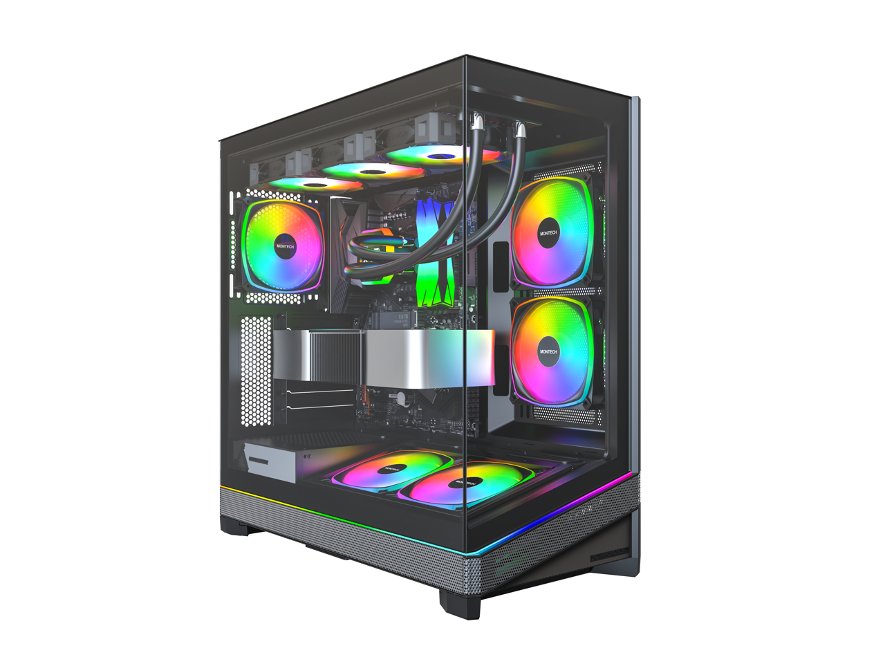 MONTECH SKY 3 ATX PC Case, Panoramic Glass, Adjustable Airflow, Personalized Design, 360mm Radiator Support, 3x120mm ARGB PWM Fans Pre-Installed, Compact Build for Next-Gen GPU, Black (SKY3B)
