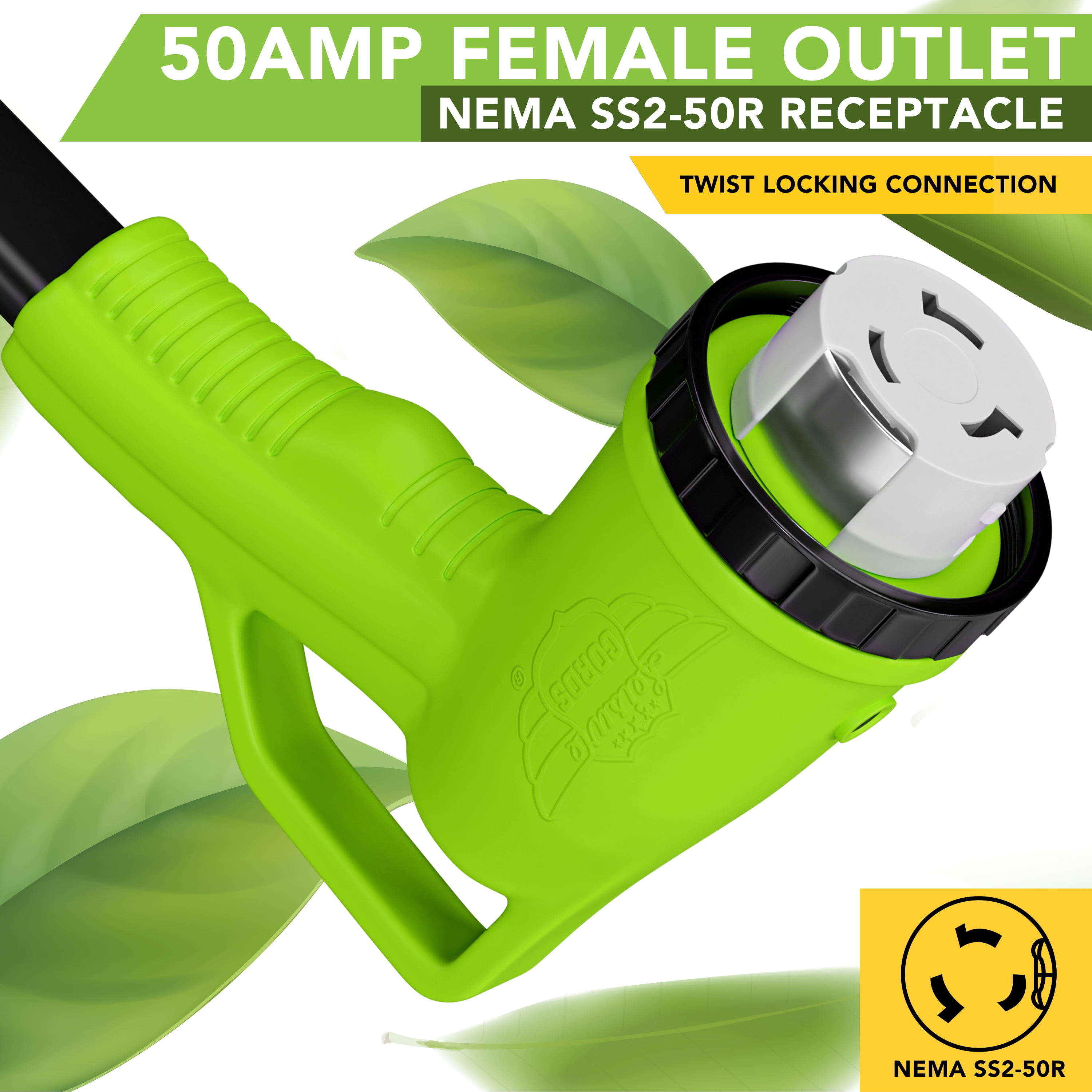 Leisure Cords 90 Degree 36FT Power Extension Cord with 50 AMP Male Standard / 50 AMP Female 90 Degree Locking Adapter (50 Amp - 36 Foot)