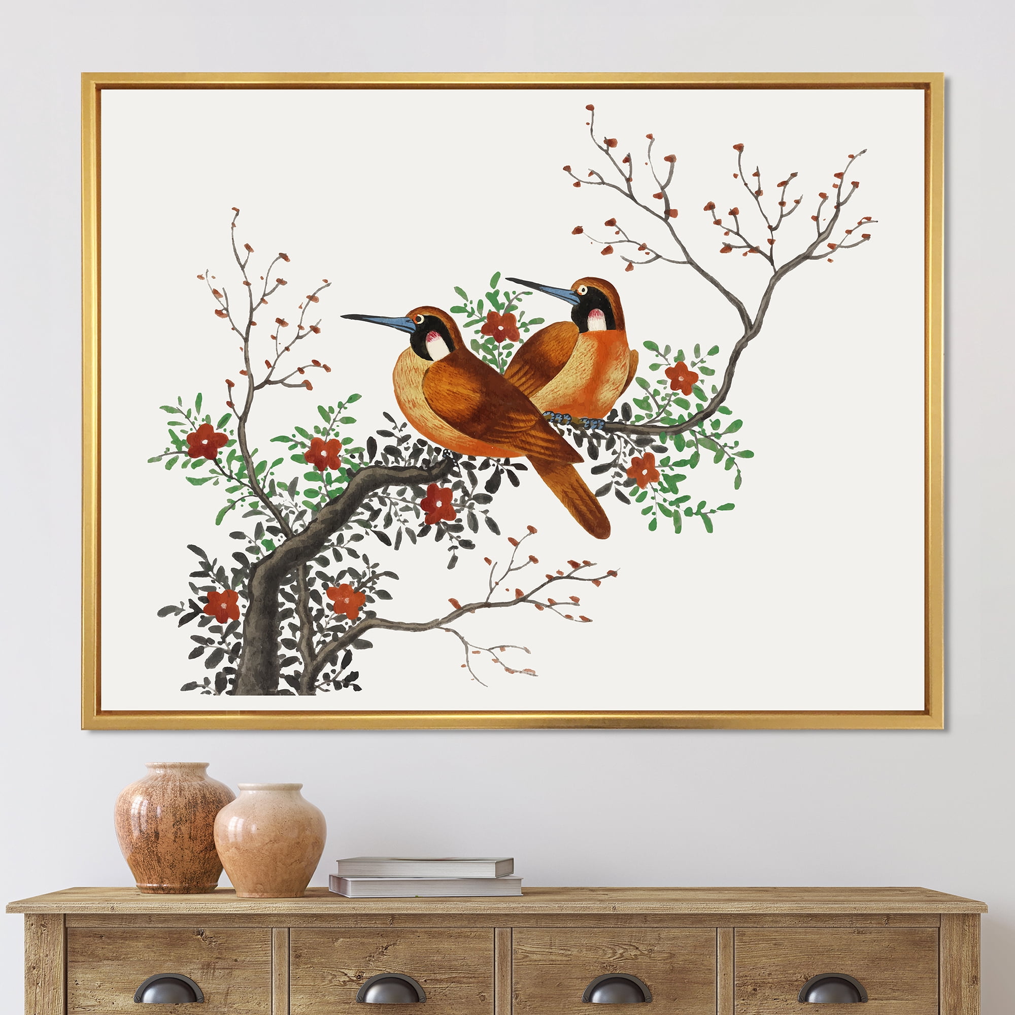 Designart 'A Flowering Tree Branch With Two Chinese Birds' Traditional Framed Canvas Wall Art Print