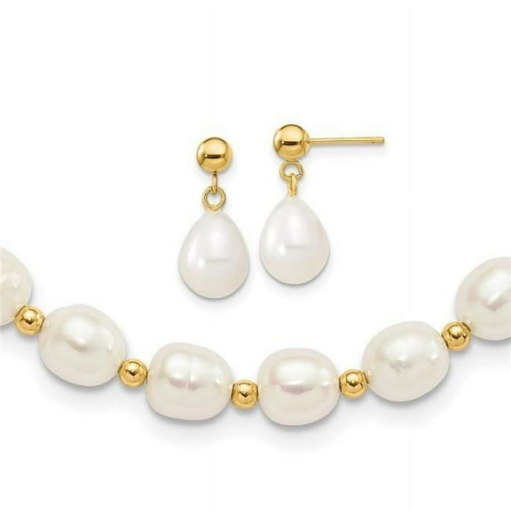 Finest Gold 14K 7-8 mm White FW Cultured Pearl Necklace & Bead Post Earring Set