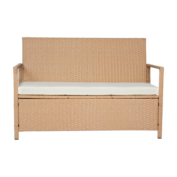 KFFKFF Outdoor Storage Bench, 2-Person PE Rattan Deck Box with Cushion, 70-Gallon Capacity, Supports up to 265 lbs, Weather-Resistant Seating for Patio, Garden, Balcony, or Yard