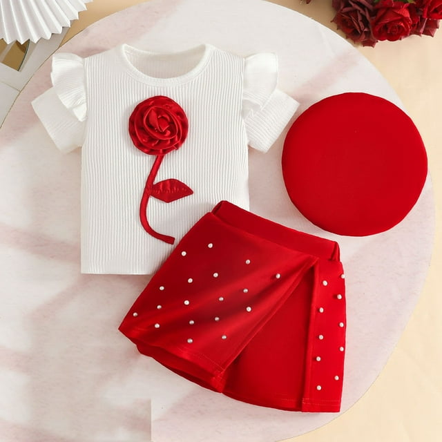 Conjuntos de blusas y camisas de cuello redondo y manga corta para niños, falda corta de manga larga con tiras en las axilas, pantalones, boina, conjunto de 3 piezas, pantalones cortos con cuentas de