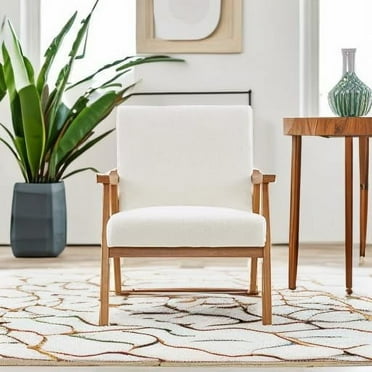 Mid-Century Modern Lounge Chair - Creamy-White Teddy Fleece Armchair with Solid Wood Frame | Retro Accent Chair for Living Room, Bedroom & Balcony