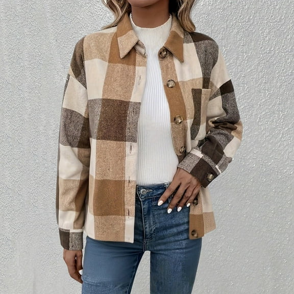 Women's Plaid Shirt Jackets Front Button Down Cardigans Outewears Fall Leisure Loose Garment Plaid Blouses Long Sleeve Lapel Jacket Tops