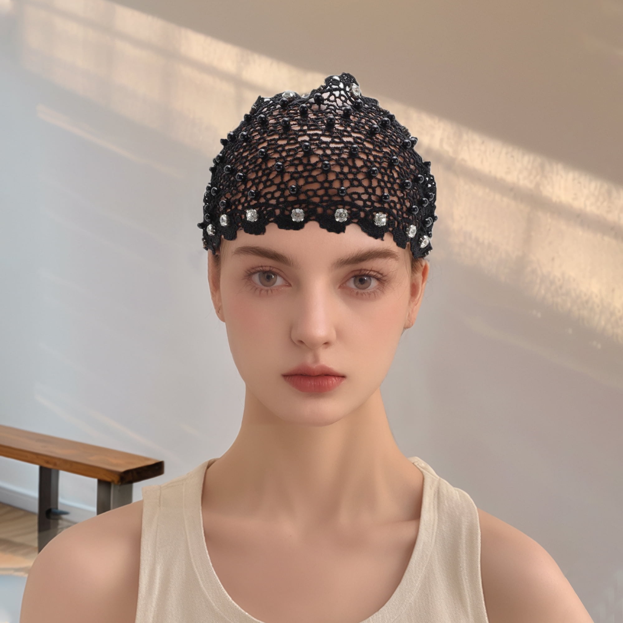 Unique Bargains 1pc Stylish Bead Hollow Wide Headwrap Black
