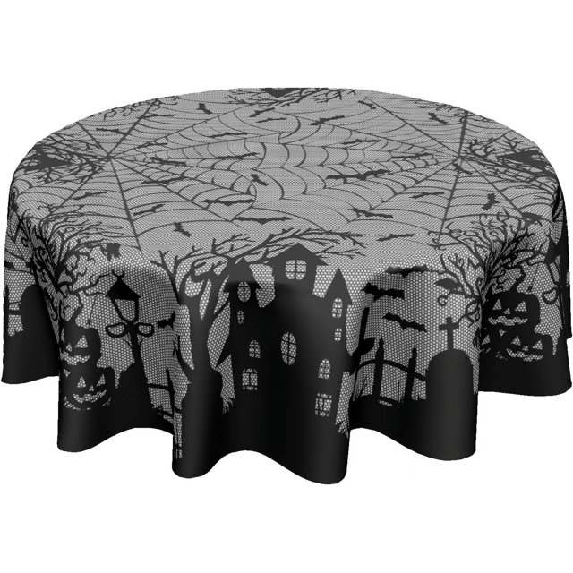 Halloween Round Tablecloth 60 Inch Spooky Pumpkins Castle Bats Spider Web Table Cloth Black Gray Halloween Holiday Polyester Table Cover for Kitchen Dining Room Indoor Outdoor Home Decor