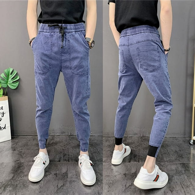 Spring Autumn Drawstring thin small-footed jeans solid elastic waist harem pants men's casual teenagers students feet pants