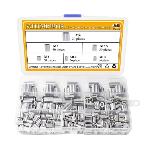 Sutemribor 240PCS 6 Tamaños Kit Surtido de Mangas de Bucle de Engarce de Aluminio para Cables y Cuerdas de Alambre