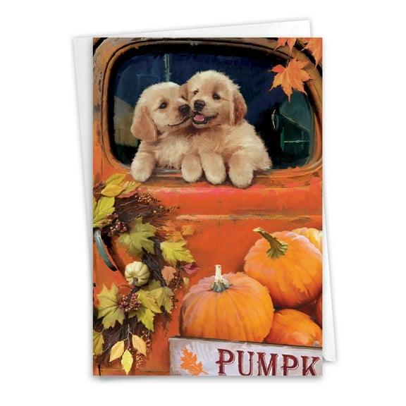NobleWorks Thanksgiving Greeting Card with 5 x 7 Inch Envelope (1 Card) Pumpkin Puppies - Truck C10191BTGG