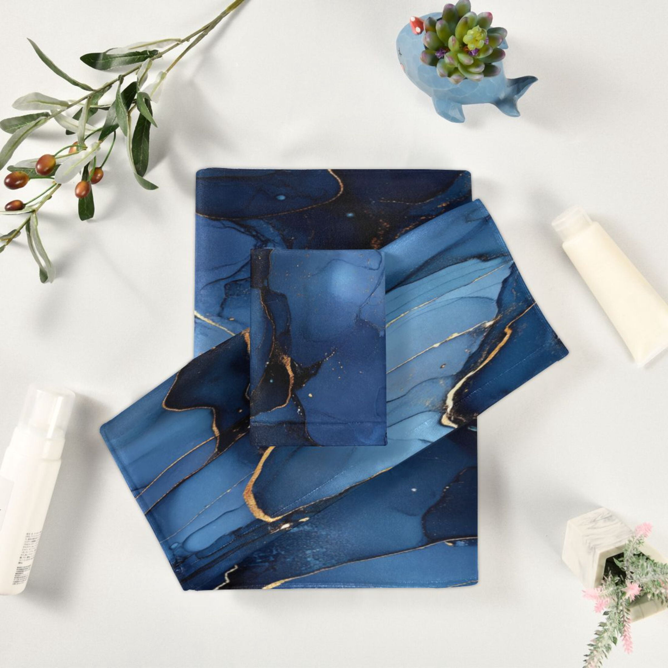 WOBOGO Navy Blue Gilt Marble Ultra Soft 3 Pack Cotton Towel Set Includes 60 x 30in Bath Towel 28 x 16in Face Towel and 13 x 13in Small Square Towel for Everyday Use Lightweight and Compact