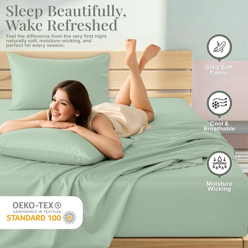Lux Decor 100% Organic Viscose from Bamboo Sheets Set Full - 4 Piece Ultra-Soft Luxury Cooling Bed Sheets, 16" Deep Pocket, Breathable & Hypoallergenic - Sage
