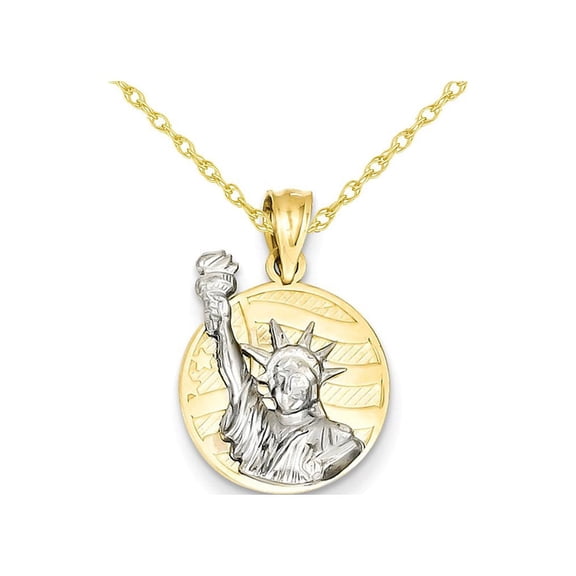 Lady Liberty on American Flag Disk Pendant Necklace in 14K Yellow and White Gold for Women