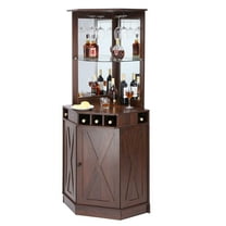 KFFKFF Corner Industrial Bar Cabinet, Wine Table for Liquor & Glasses, Sideboard Buffet Cabinet with Glass Rack,Freestanding Farmhouse Wood Coffee Bar Cabinet for Living Room or Home Bar,Black Walnut