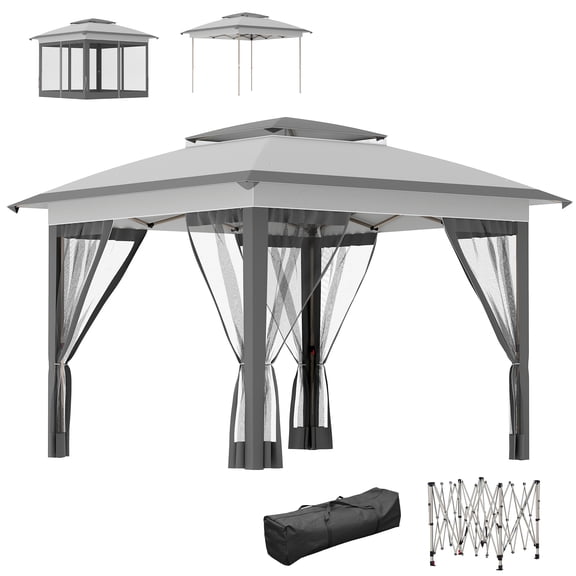 12' x 12' Pop Up Canopy Tent with Netting and Carry Bag, Instant Sun Shelter with 137 sq.ft Shade, Tents for Parties, Height Adjustable, for Outdoor, Garden, Patio, Gray