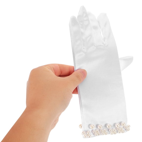 WEAVILUX 1 Pair Short White Satin Gloves with Faux Embellishments for Wedding, Evening, Party, Bridal Accessories
