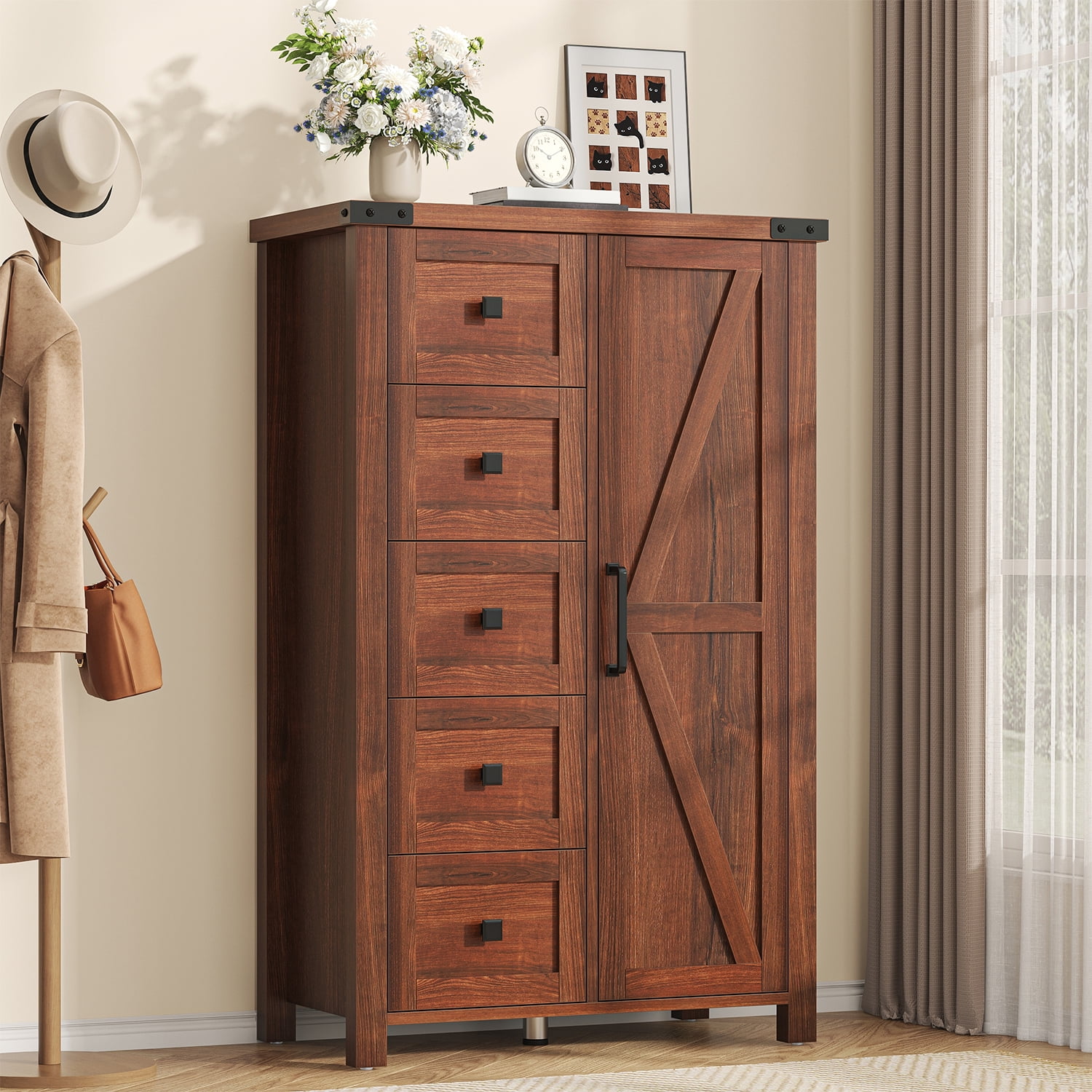 VVFLU Farmhouse 5 Drawer Dresser Storage Cabinet Chest of Drawer for Bedroom, 48" Tall Brown Wood