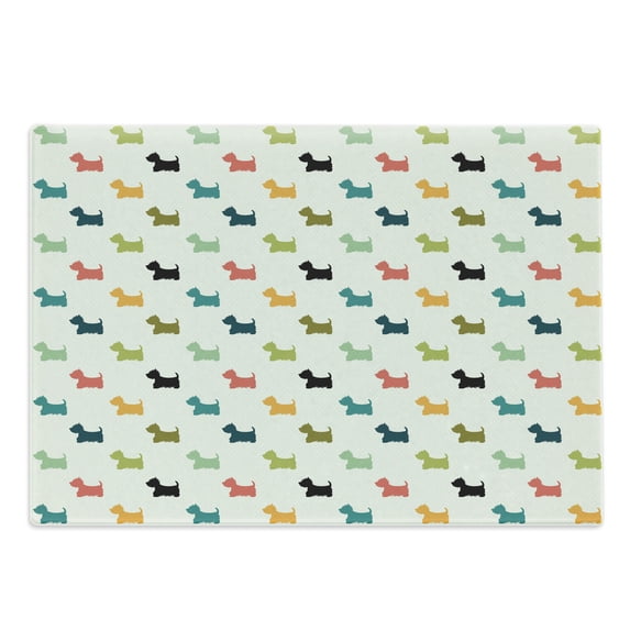Dog Lover Cutting Board, Colorful Scottish Terrier Silhouettes Polka Dot Backdrop Purebred Animal Pattern, Decorative Tempered Glass Cutting and Serving Board, Large Size, Multicolor, by Ambesonne