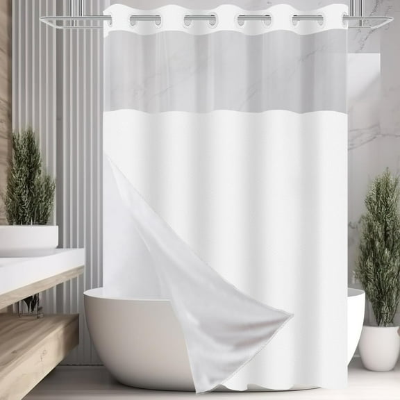 No Hook Shower Curtain with Snap in Fabric Liner Set, White Chevron Hotel Style Bathroom Curtain, Washable and Water Repellent, 71x74 Inches