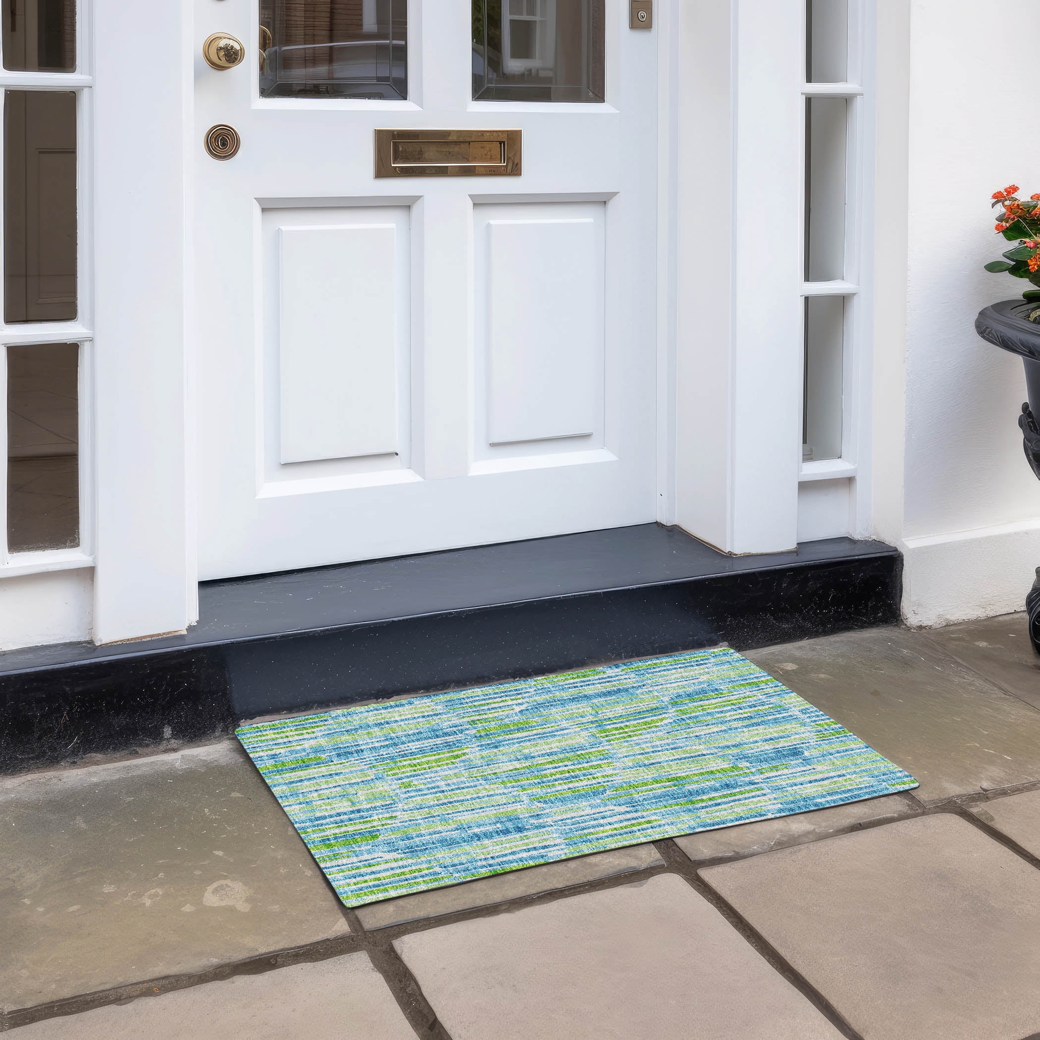 Addison Rugs Chantille Indoor/Outdoor Transitional Lines Aqua Washable Rectangle Rug, 1'8" x 2'6"