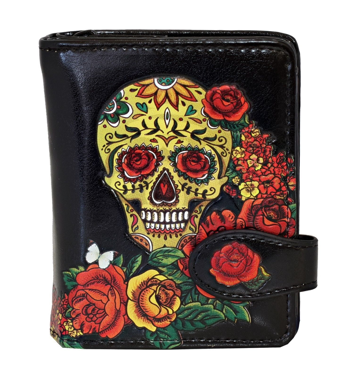 Shagwear Sugar Skull Roses Women's Small Zipper Bifold Wallet, Black