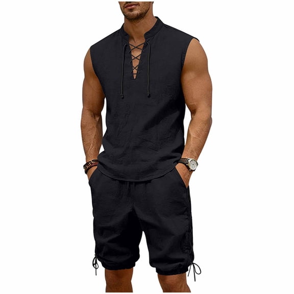 Eryao Big and Tall Two Piece Sets for Men Casual Summer Lace Up Sleeveless Tops and Drawstring Waist Shorts with Pockets Beach Vacation Lounge Suits,Black,S
