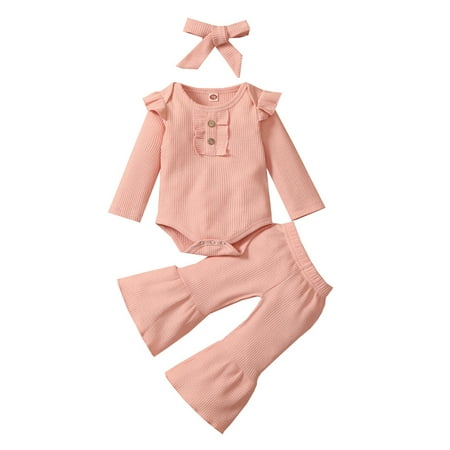 

TheFound 3pcs Lovely Baby Girls Clothes Solid Ruffle Long Sleeve Romper Tops Flare Pants Headband Sets