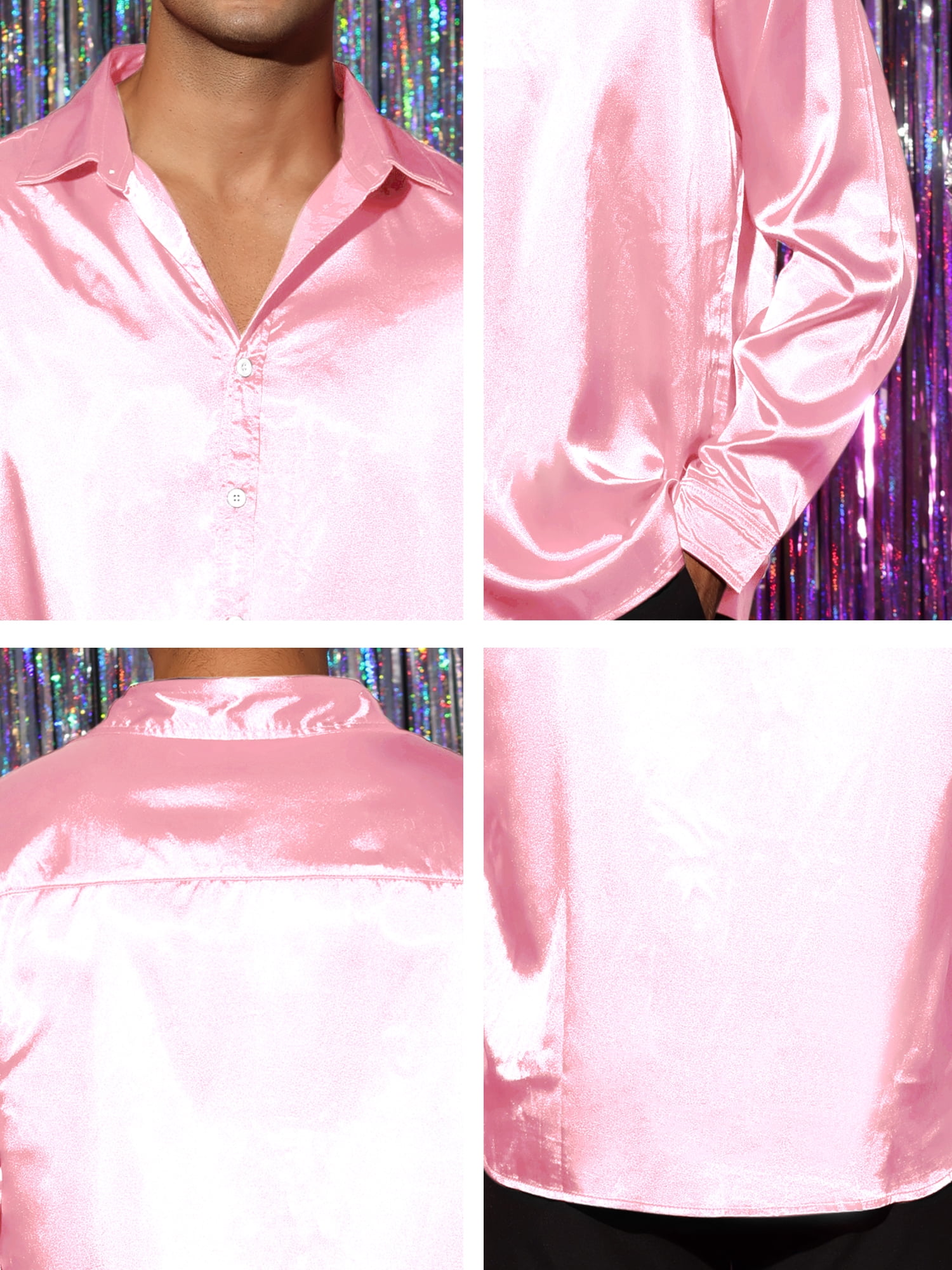 Unique Bargains Men's Satin V Neck Long Sleeves Button Down Prom Shirts L Pink