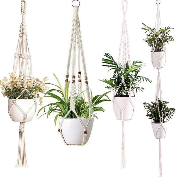 Colgadores de macramé para plantas, maceta colgante para interiores, cesta con cuentas de madera, soporte para maceta, cuerda de algodón, sin borlas, hogar bohemio. Afortunado Sencillez