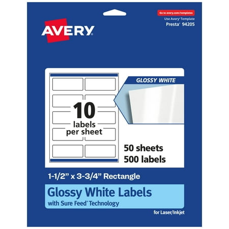UPC: 0194793903492 | Avery Glossy White Rectangle Labels with Sure Feed  1.5  x 3.75   500 Glossy White Labels  Print-to-the-Edge  Permanent Label Adhesive  Laser/Inkjet Printable Labels