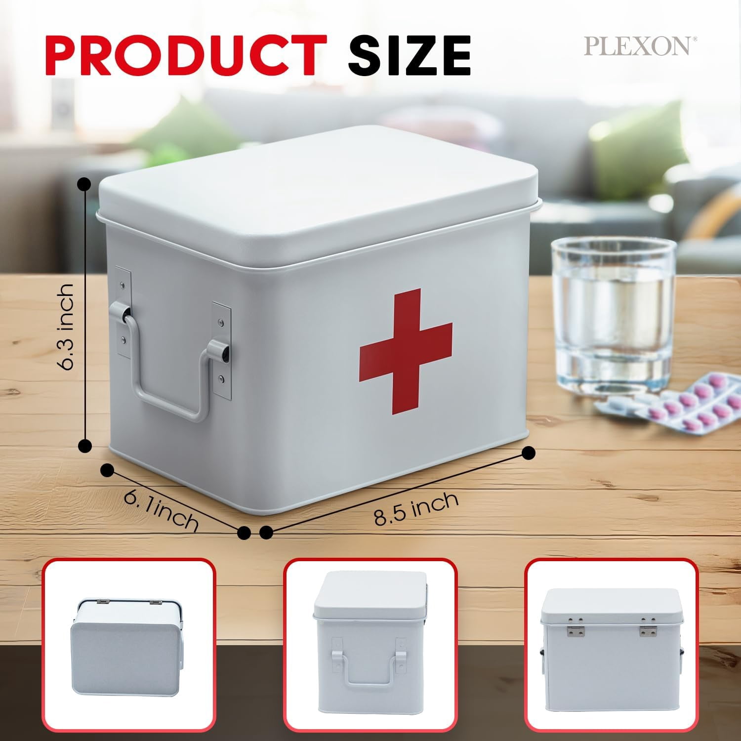 Plexon First Aid Kit, First Aid Supplies Bin, 8.5" Metal Medicine Storage Tin with Lid, First Aid Box Organizer, White