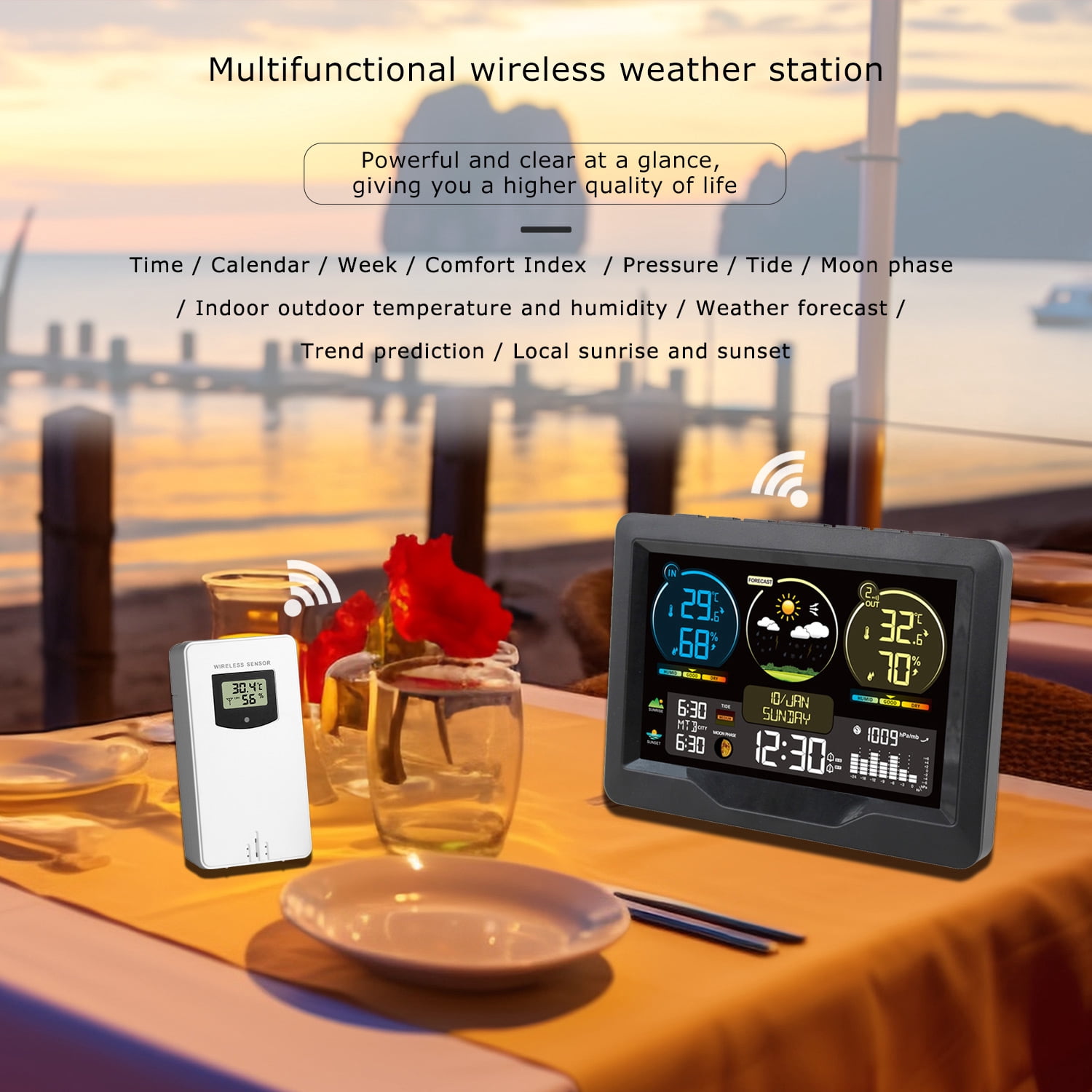 Meteorological clock,Screen Weather Clock With Clock Indoor Temperature Meter Temperature With 1 Weather Station Color Screen Weather Clock Temperature With To 3 Buzhi To 3 Sensers)