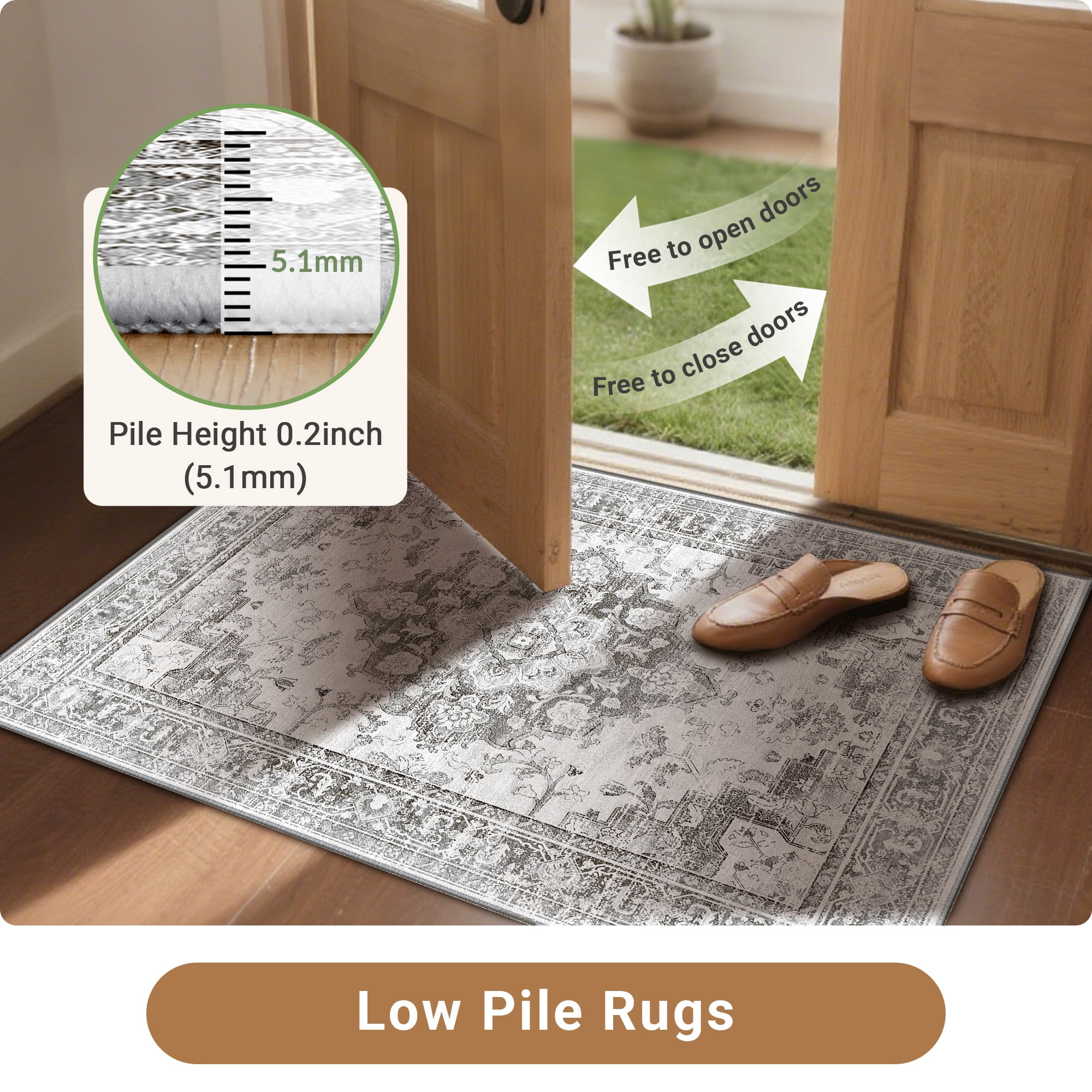 NewBuros 5'x7' Area Rugs, Machine Washable Non Slip Rugs for Living Room, Low Pile Water Repellent Soft Vintage Print Pattern Bedroom Carpet, Black & Gray