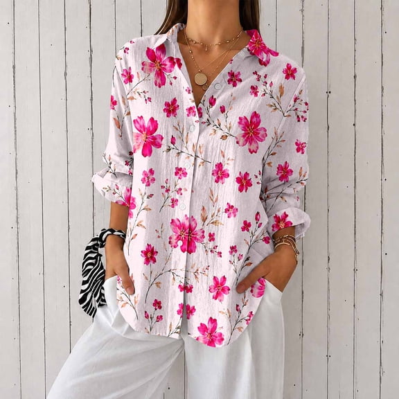 Nyfairy Plus Size Women's Floral Embossed Print Long Sleeve Button Down Casual Shirt