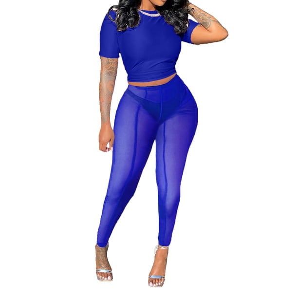 SAYOO Conjuntos de Pantalones Largos para Mujer, Tops Cortos de Manga Corta de Color Puro + Conjunto de Pantalones Transparentes de Cintura Alta SAYOO Moda