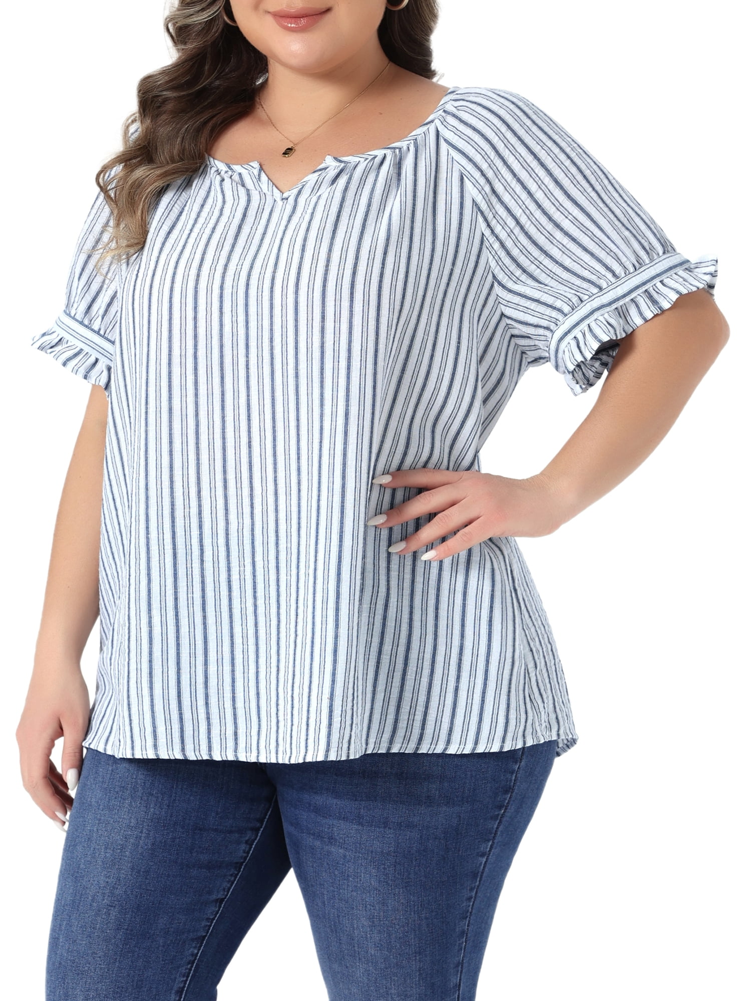 DARING DIVA Women's Plus Lined Notch V Neck Puff Stripes Shirt 2X Navy Blue