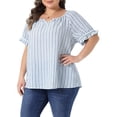 thumbnail image 2 of DARING DIVA Women's Plus Lined Notch V Neck Puff Stripes Shirt 1X Navy Blue, 2 of 6