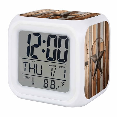 Country Star Brown Digital Alarm Clock for Bedrooms,Smart LED Alarm Clock with 7 Color Night Light,Western Texas Vintage Farmhouse Wooden Silent Wake Up Clocks for Sleep Study Cooking 3.2x3.2