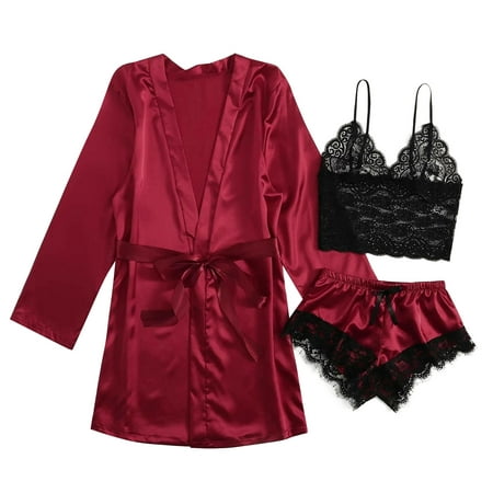 

Womens Silk Satin Pajamas 3pcs Lingerie Lace Cami Shorts Robe Sleepwear Set Loungewear Home Clothes