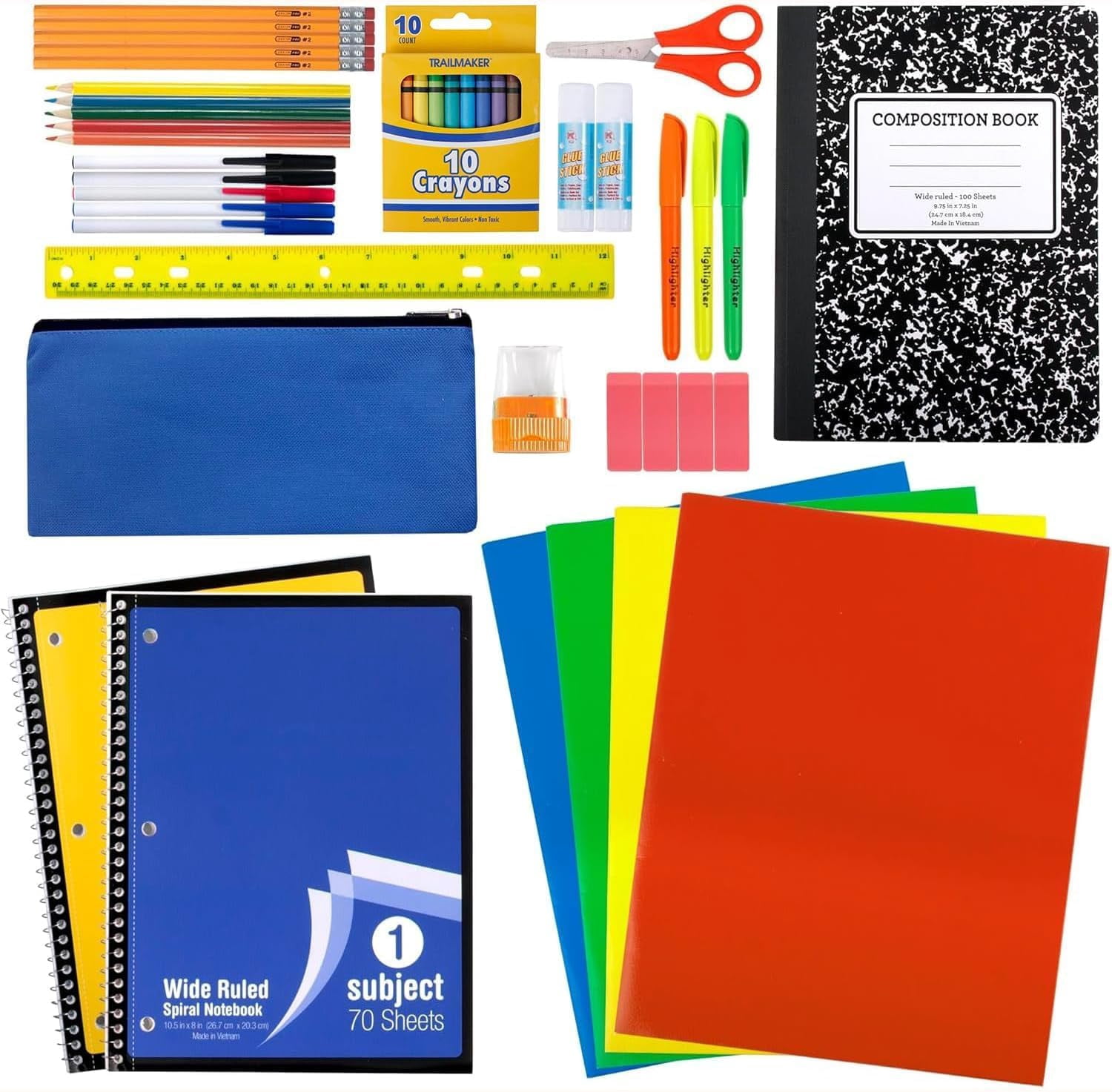 12 Pack of Multi Mesh Pocket Backpacks Containing 45 Piece Stationary Supply Kits with Pens, Pencils, Erasers, Notebooks and More in Pastel Colors Pack