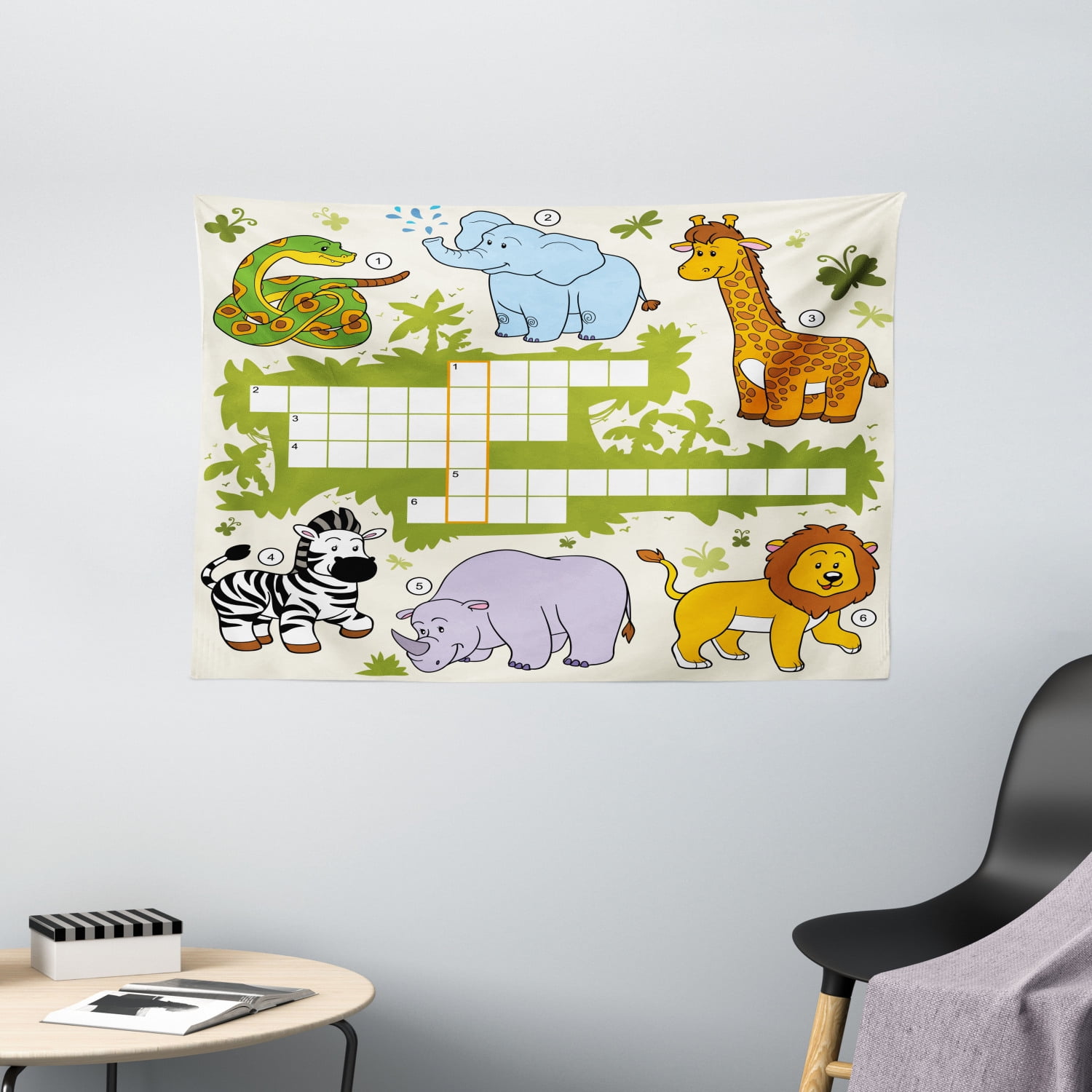 Word Search Puzzle Tapestry, Colorful Crossword Game for Children Wild Jungle Safari Animals