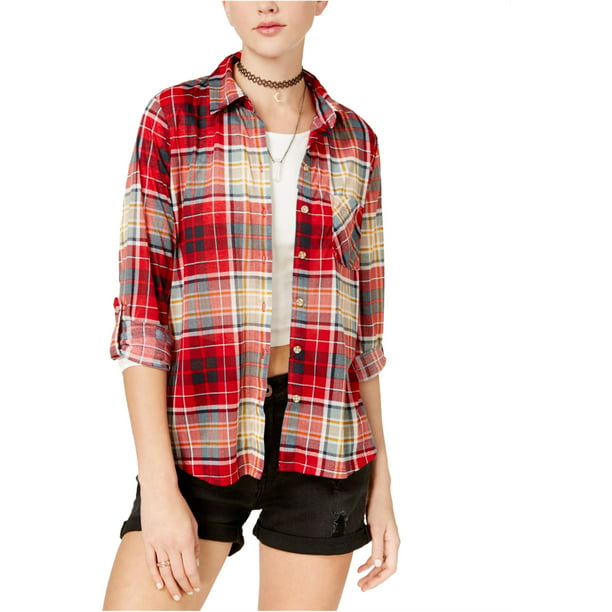 Polly & Esther - Polly & Esther Womens Plaid Roll-Tab Button Up Shirt ...