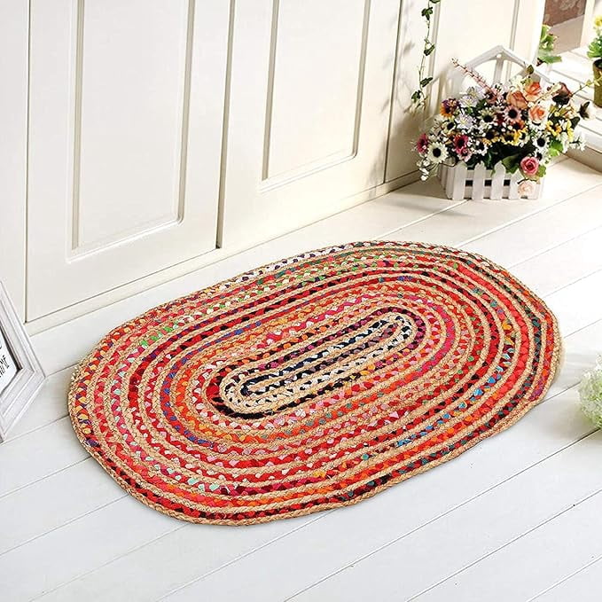 FibreGold Handcrafted Jute And Chindi Oval Rug- Vintage Area Rug for Living Room, Bedroom, Or Office
