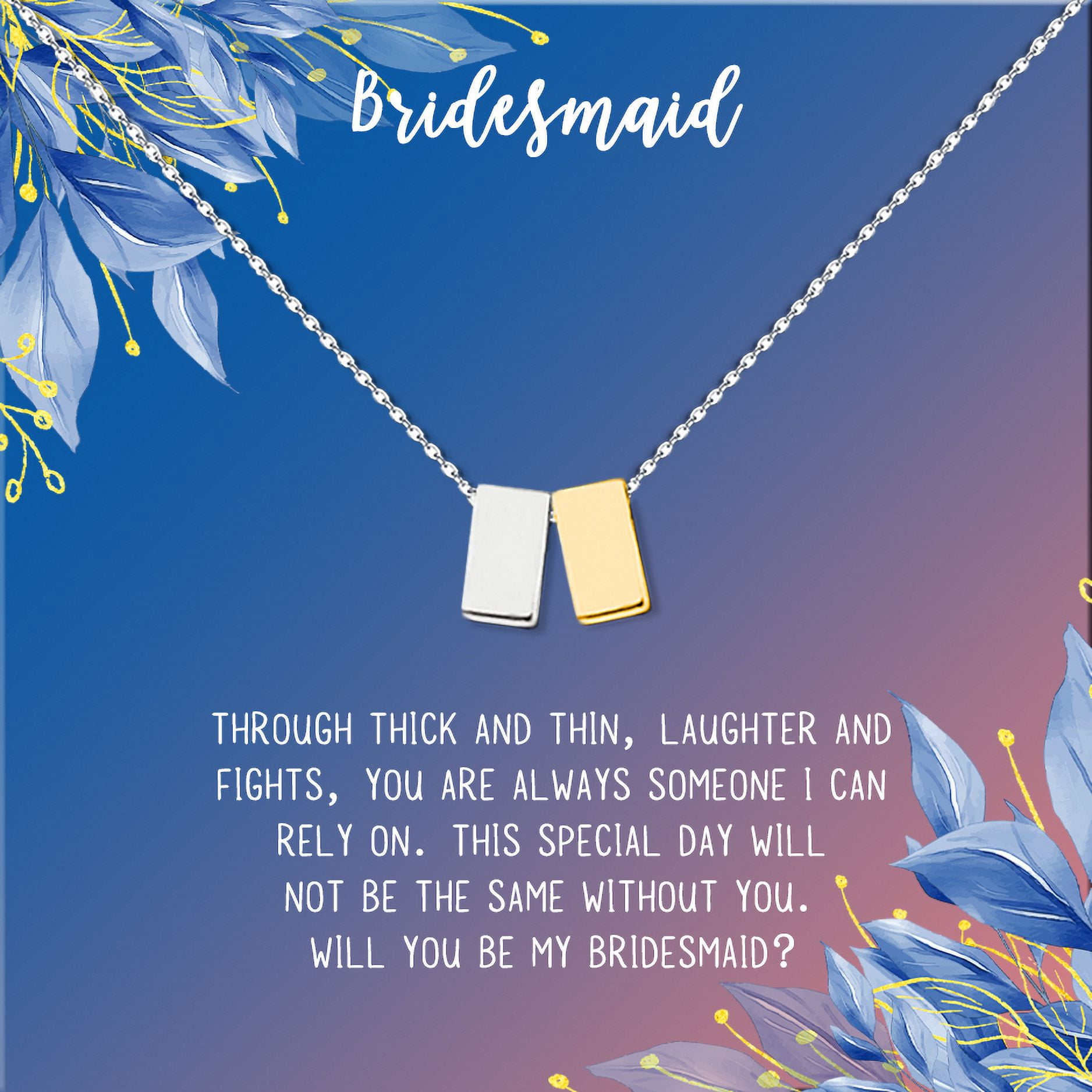 Anavia Bridesmaid Proposal Necklace, Will You Be My Bridesmaid, Bridal Party Gift Card Jewelry Necklace-[Silver and Gold Double Cube, Blue-Orange Gift Card]