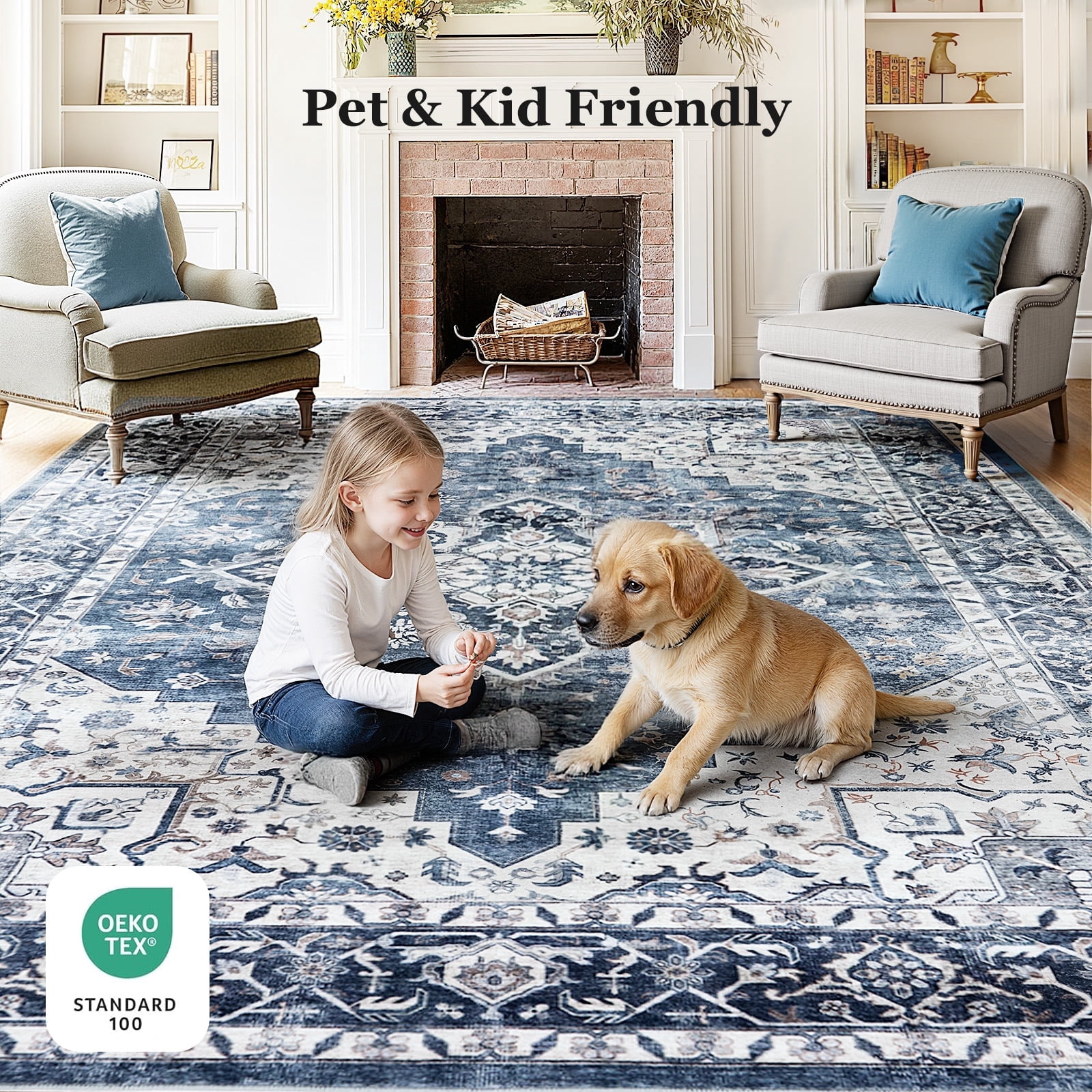 CHITOOMA 10'x14' Area Rugs for Living Room, Machine Washable Rugs Vintage Area Rug for Bedroom Dining Room Dorm Office with Non-Slip Backing, Stain Resistant Non-Shed Carpet