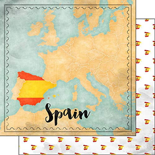 Scrapbook Customs 39294 Spain Map Sights 12 Inch x 12 Inch Double-Sided Scrapbook Paper - 1 Sheet